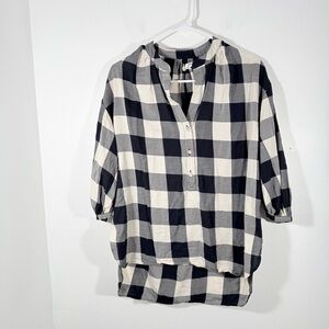 Mara Hoffman Cream Black Plaid 1/2 Button 100% Organic Cotton Tunic Top XS